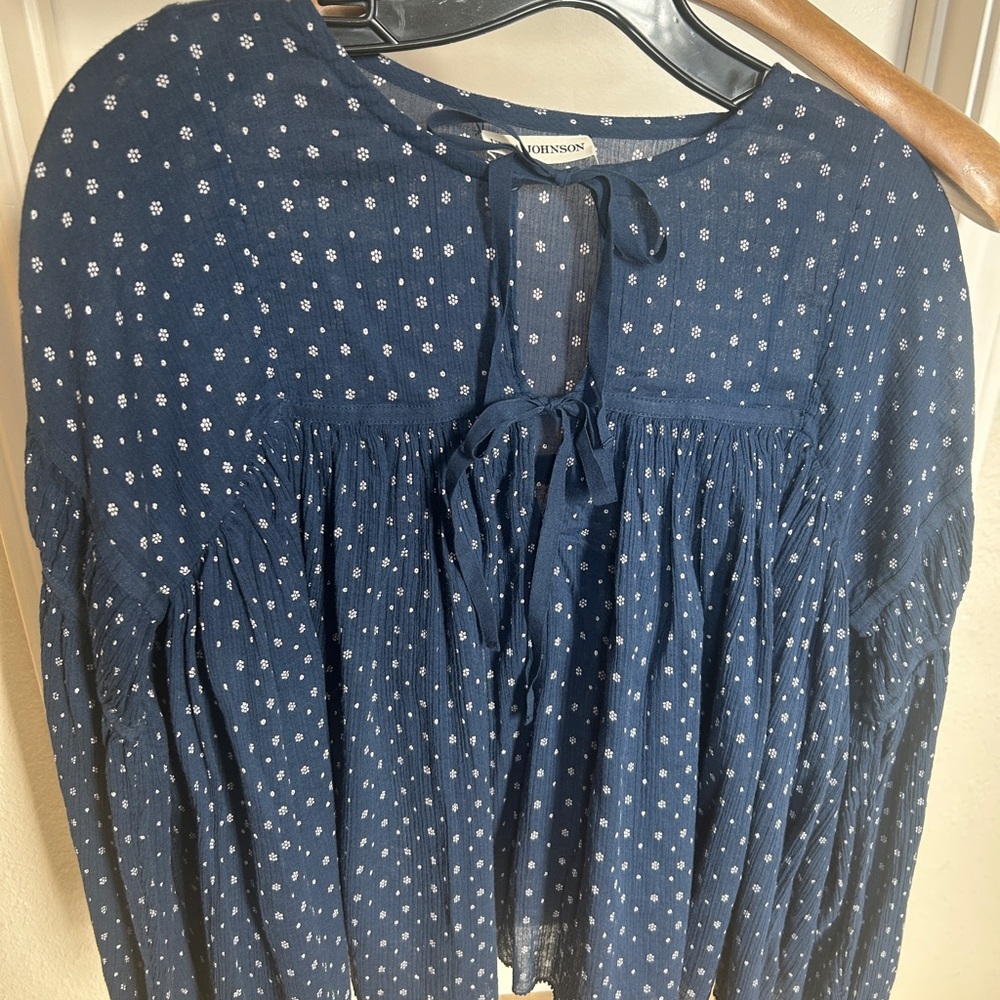 Ulla Johnson Navy Mini Floral Tie-Front Peasant Blouse